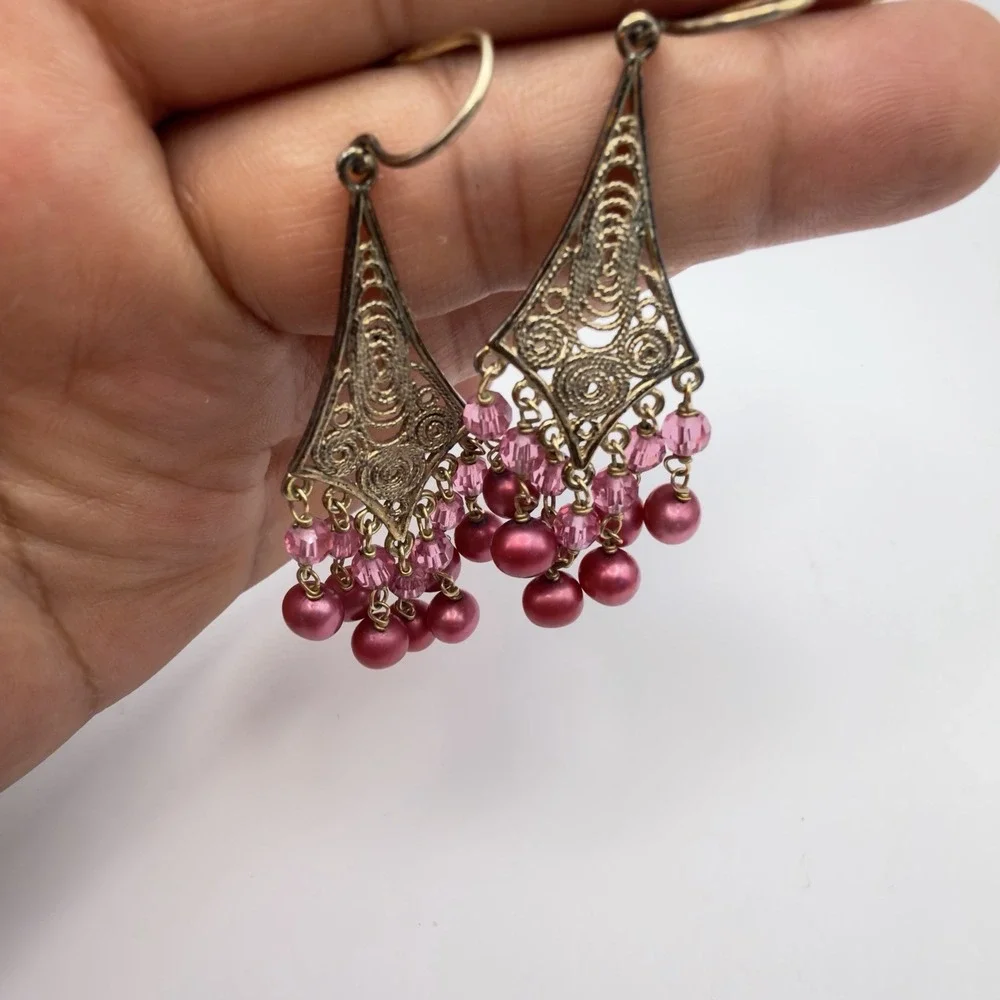 Vintage Sterling Silver Filigree Chandelier Earrings Pink Cultured Pearl Vermail